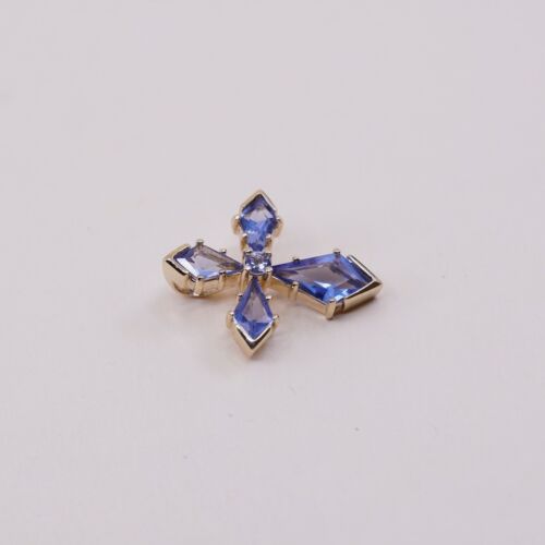 Vermeil gold over Sterling silver handmade pendant, 925 cross w/ Blue Cz