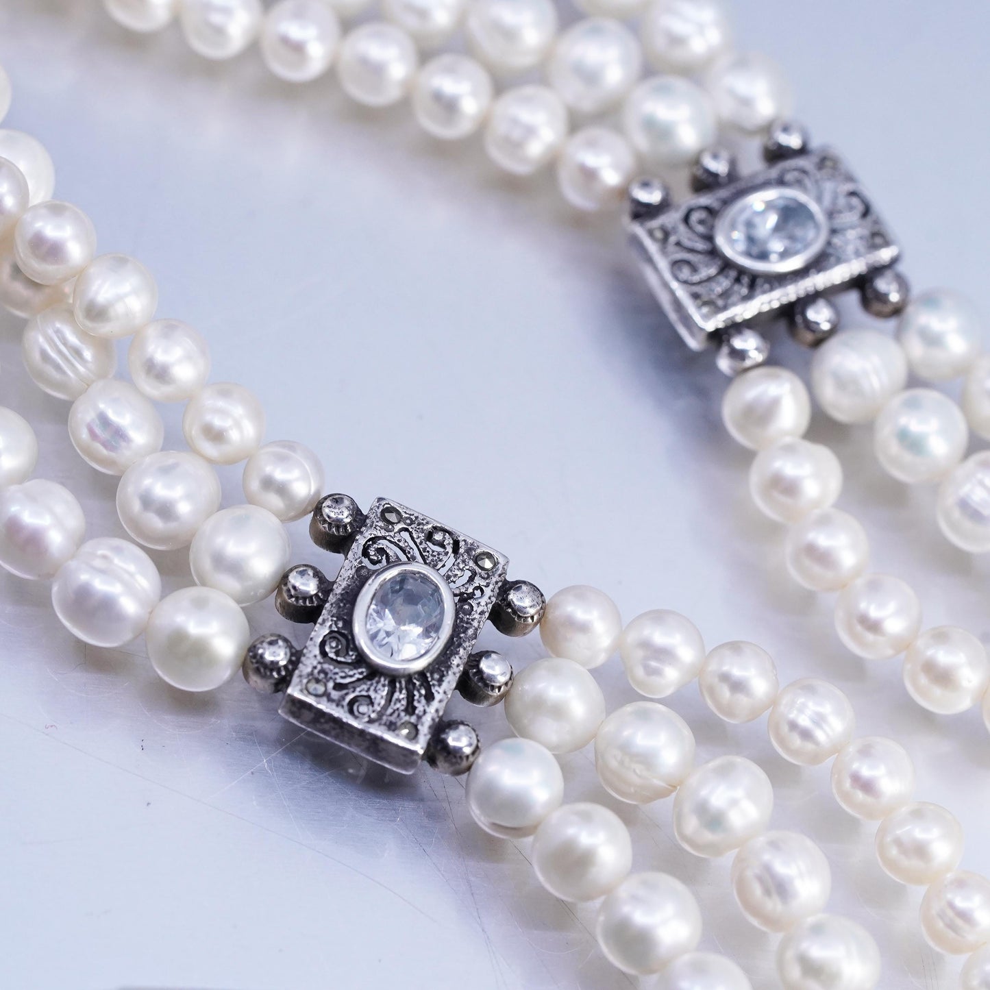 16", multi strands freshwater pearl necklace Sterling 925 silver cz marcasite