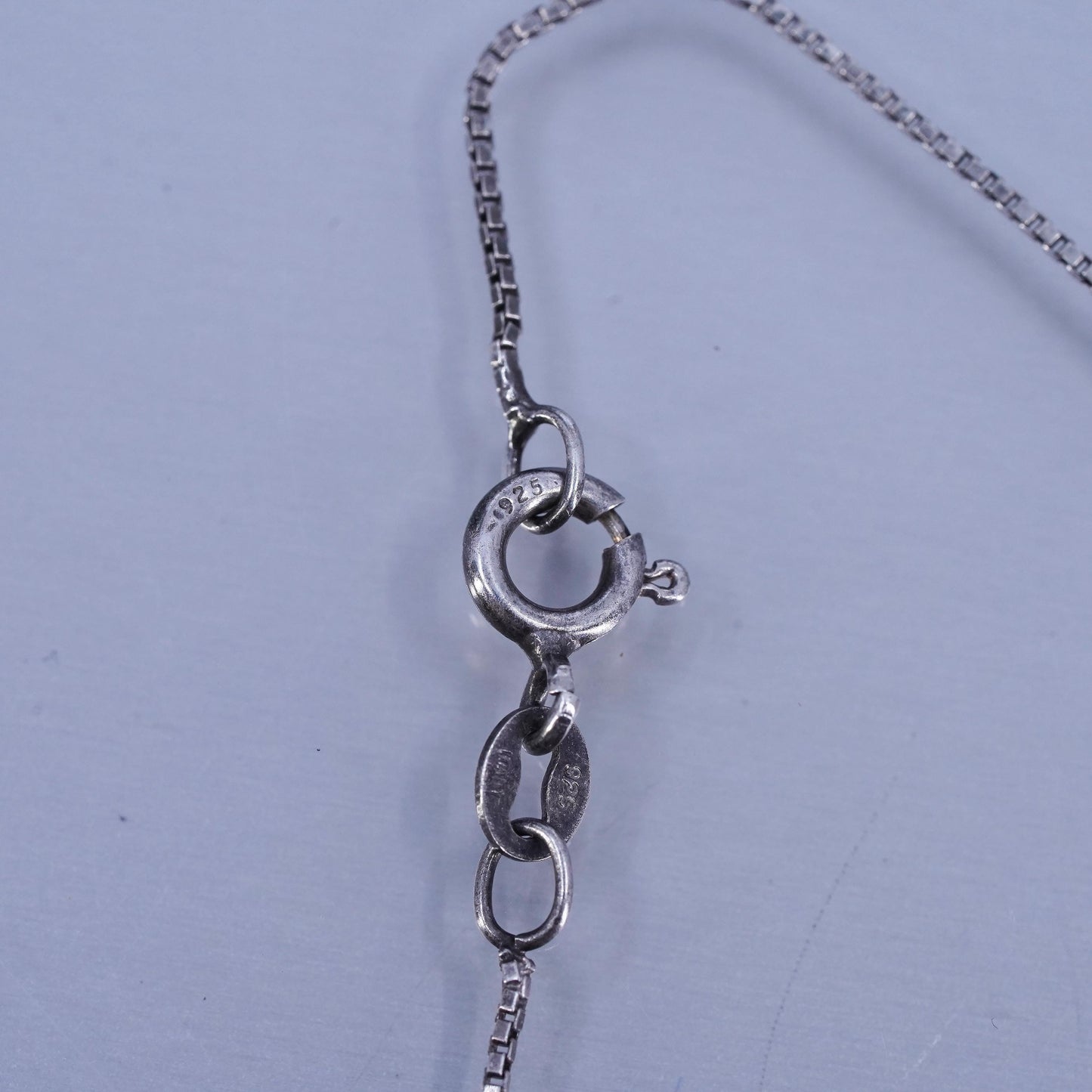 20”, vintage Israel RL Sterling 925 silver box necklace blue crystal pendant