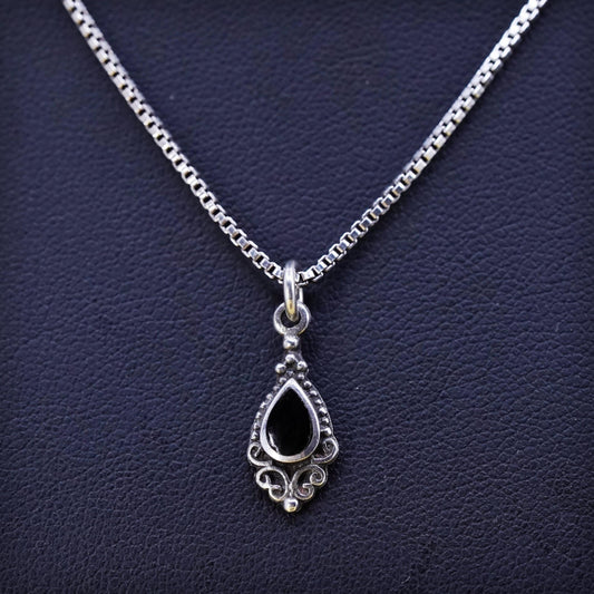 16", vintage Sterling 925 silver box chain necklace with teardrop onyx pendant