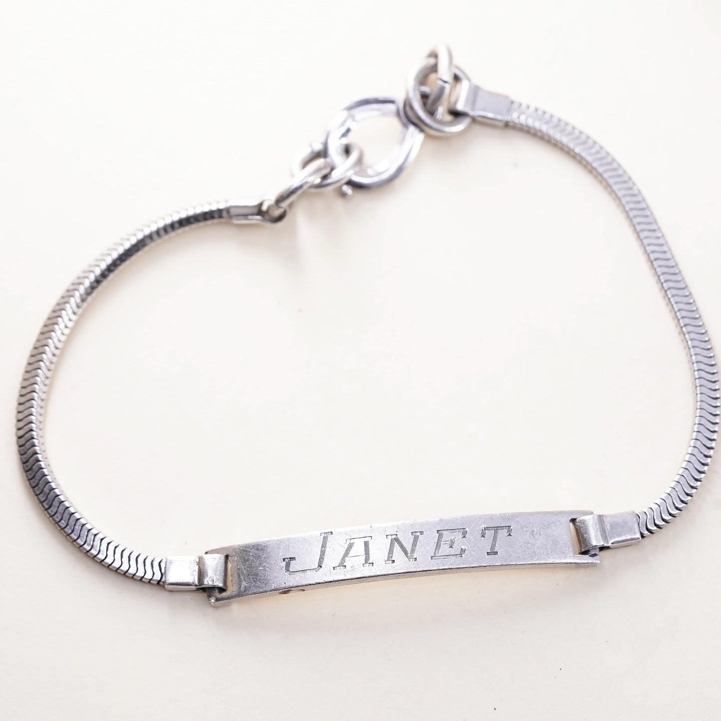7.5", sterling silver bracelet, Italy 925 square snake chain name tag Janet