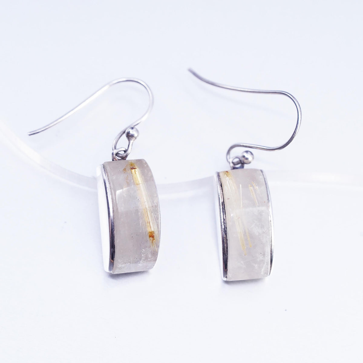 Vintage Modern Golden Rutilated Quartz Earrings, Sterling Silver 925 Dangles