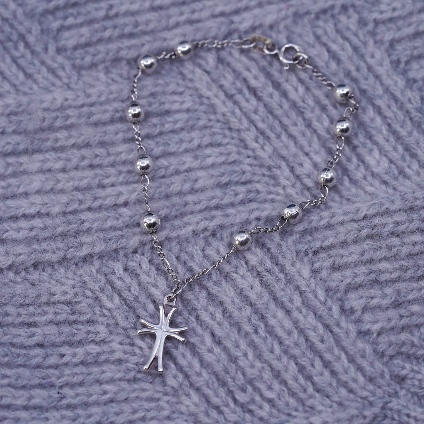 7", vintage Sterling silver handmade bracelet, 925 beads chain with cross charm