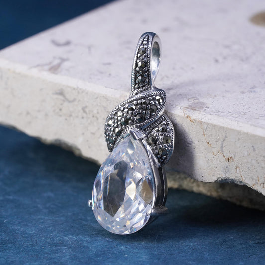 Vintage Sterling 925 silver handmade pendant with marcasite and teardrop cz