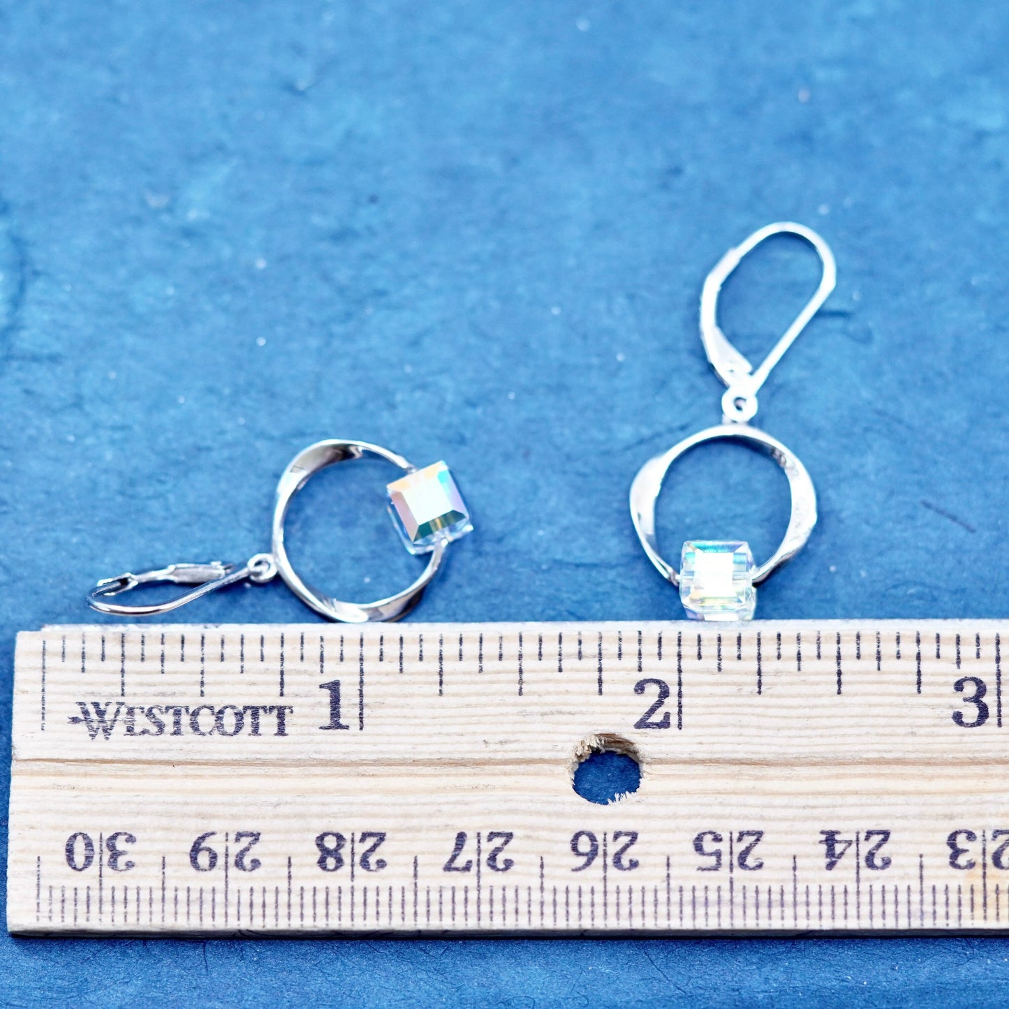 Vintage sterling silver earrings, solid 925 silver circle with cz