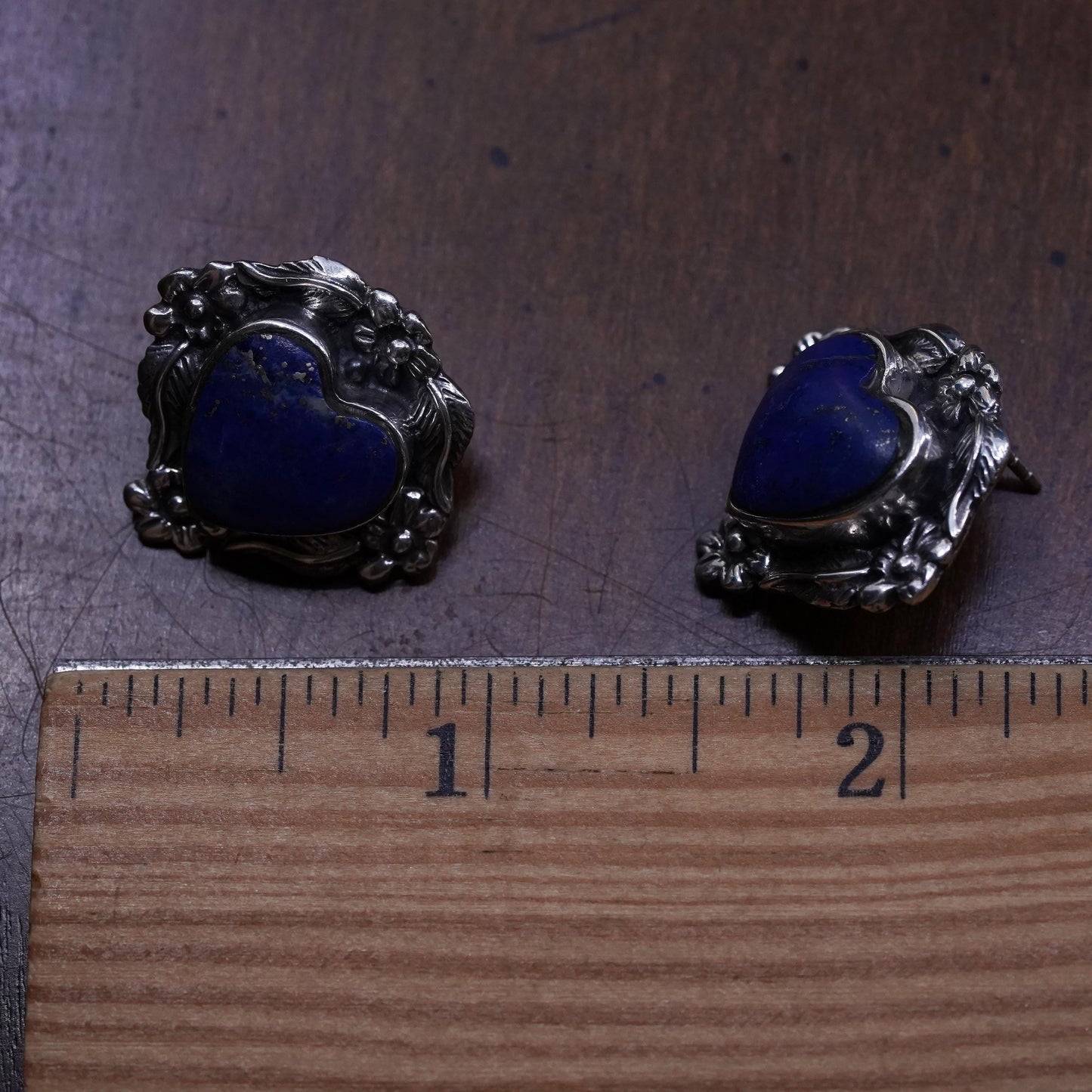Vintage southwestern sterling silver earrings, 925 heart studs lapis lazuli