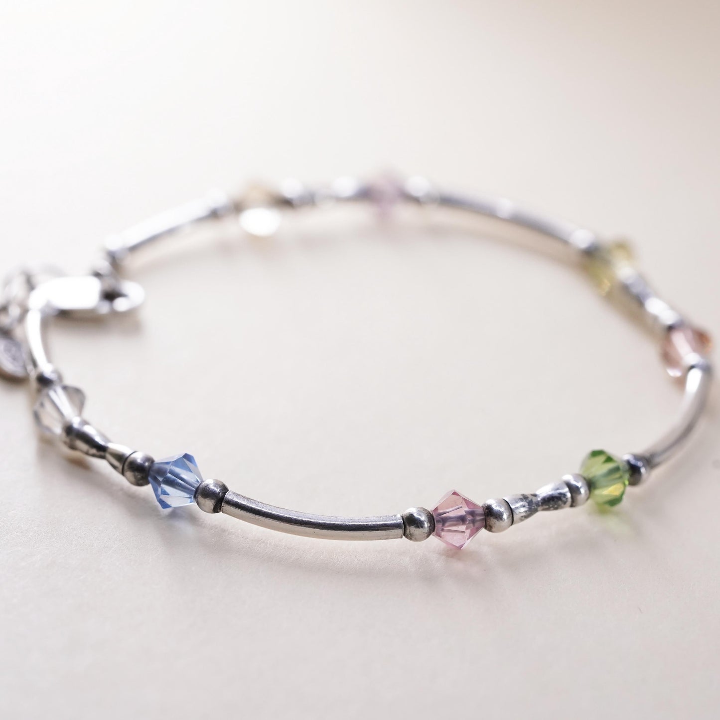 7.5", Vintage sterling silver bracelet, 925 silver cube bangle w/ crystal beads