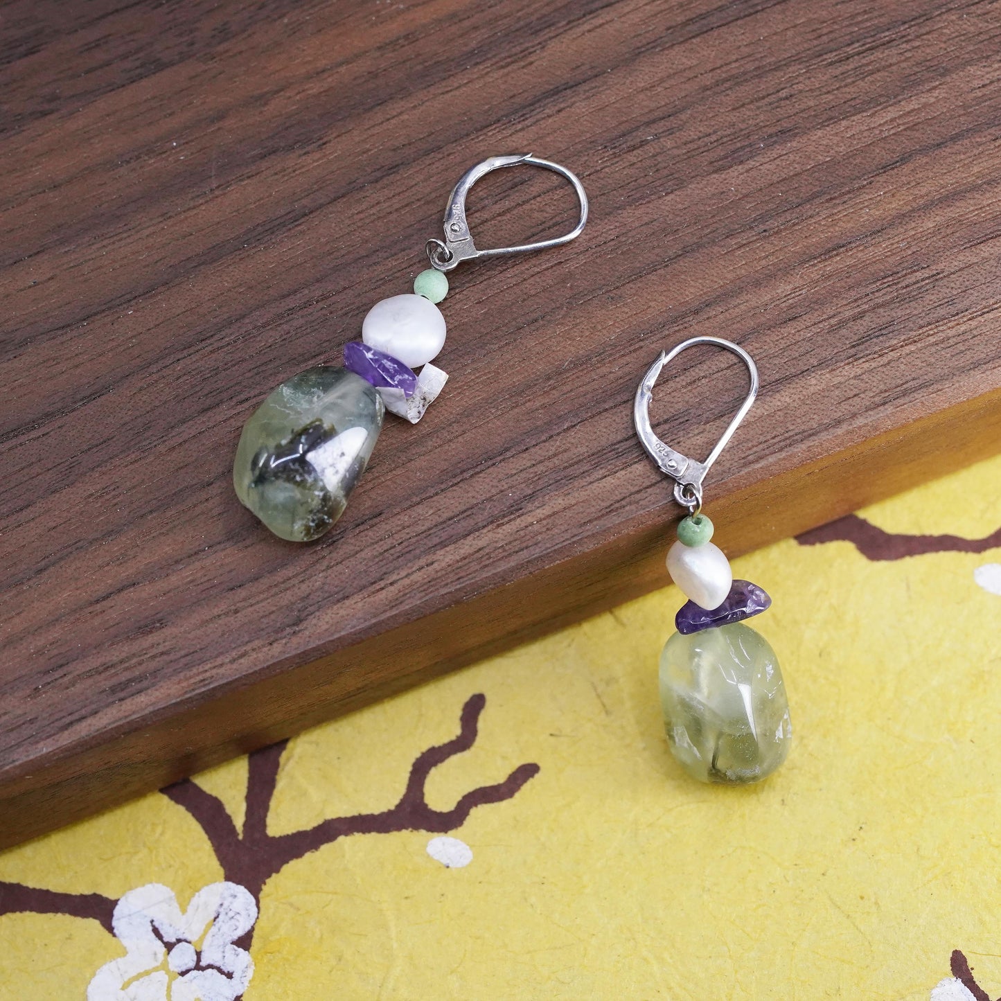 Sterling silver 925 handmade earrings with pearl prehnite amethyst nuggets