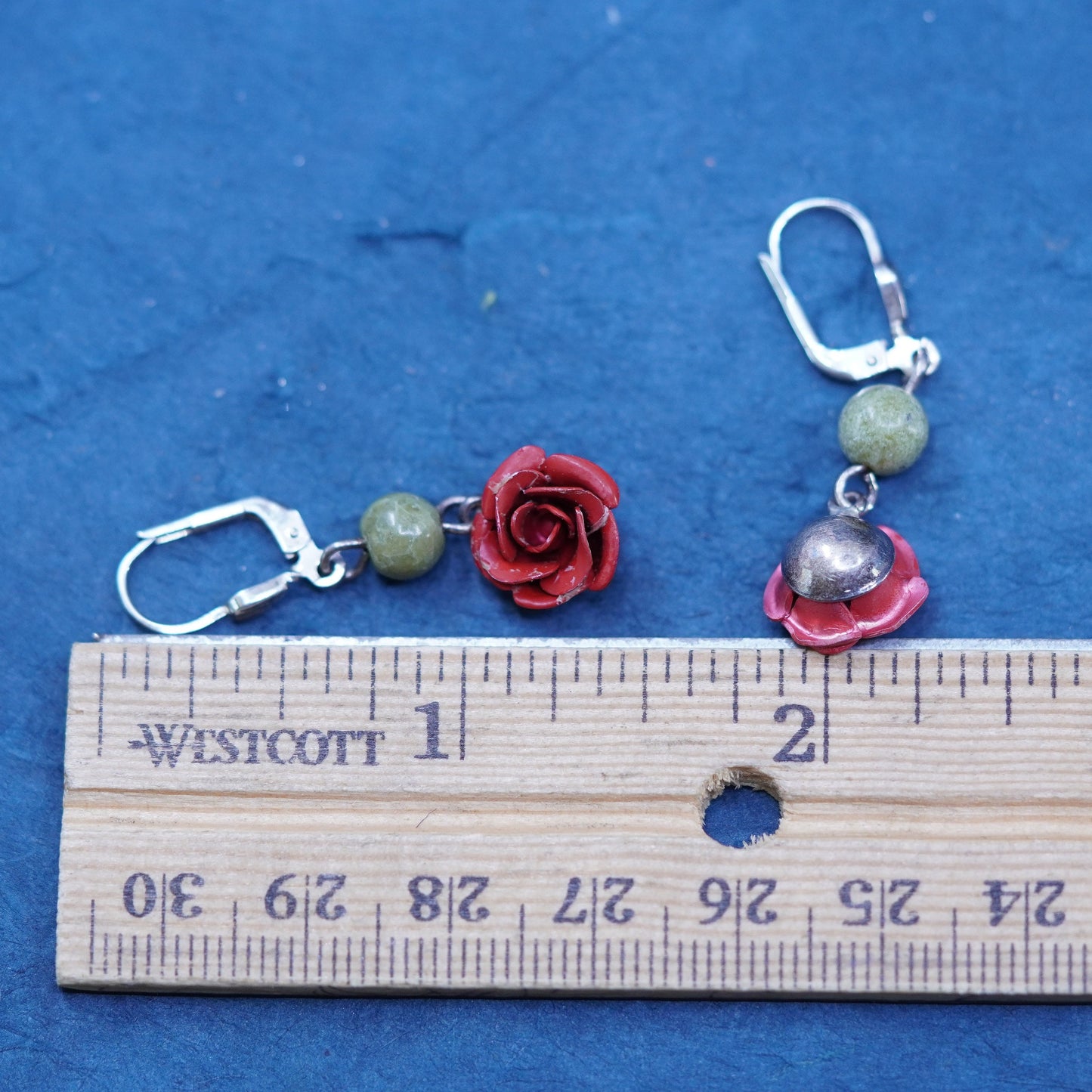 Vintage Sterling 925 silver handmade earrings jade bead and rose flower dangles