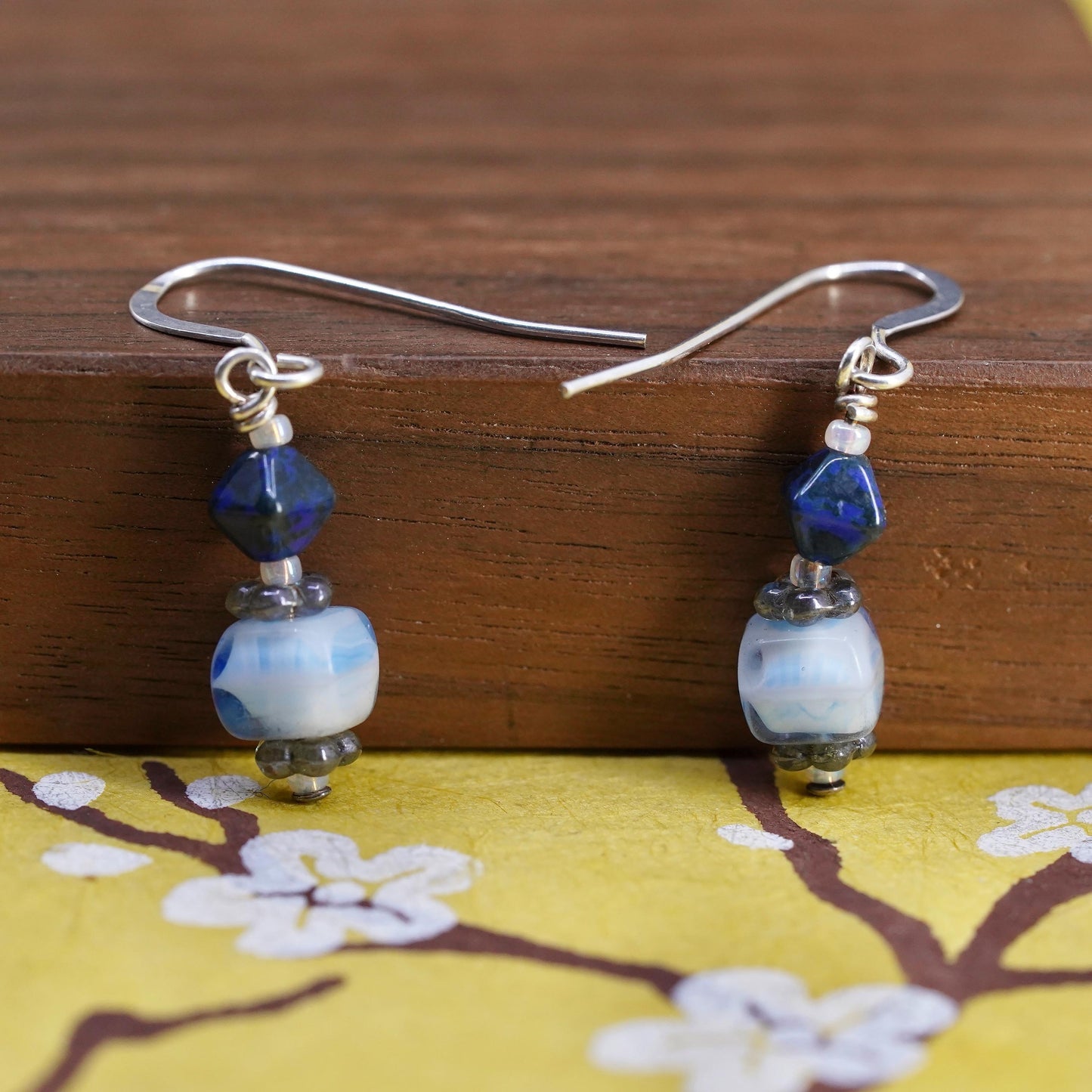 Vintage sterling 925 silver handmade earrings with lapis lazuli glass bead