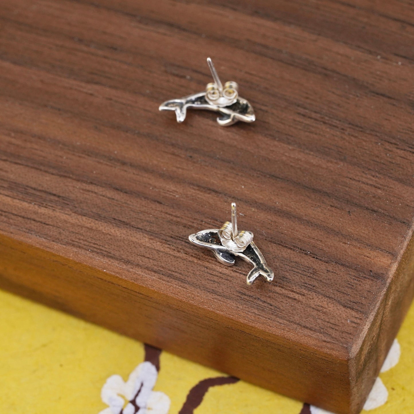 Vintage Sterling silver handmade earrings, 925 dolphin studs