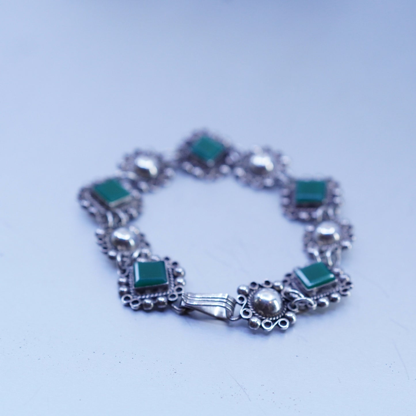 6.75”, Vintage mexico sterling 925 silver handmade bracelet with square jade