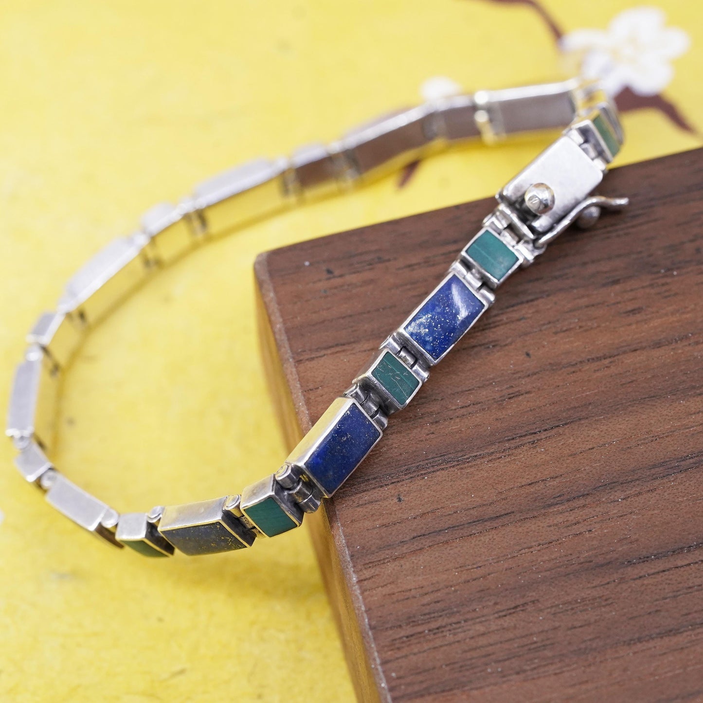 6.75”, vintage southwestern Sterling 950 silver tennis bracelet with turquoise