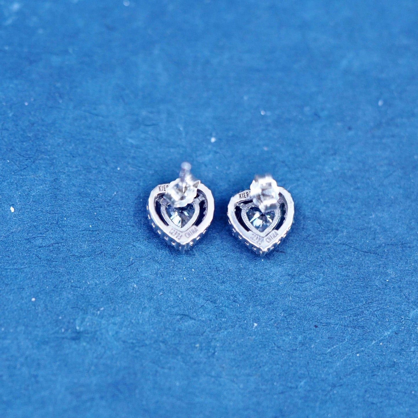 Vintage sterling silver handmade earrings, 925 heart studs with CZ inlay