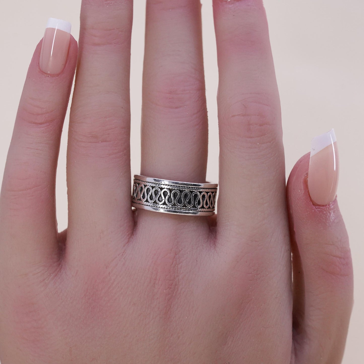 Size 9.25, vintage Sterling 925 silver handmade ring band with woven texture