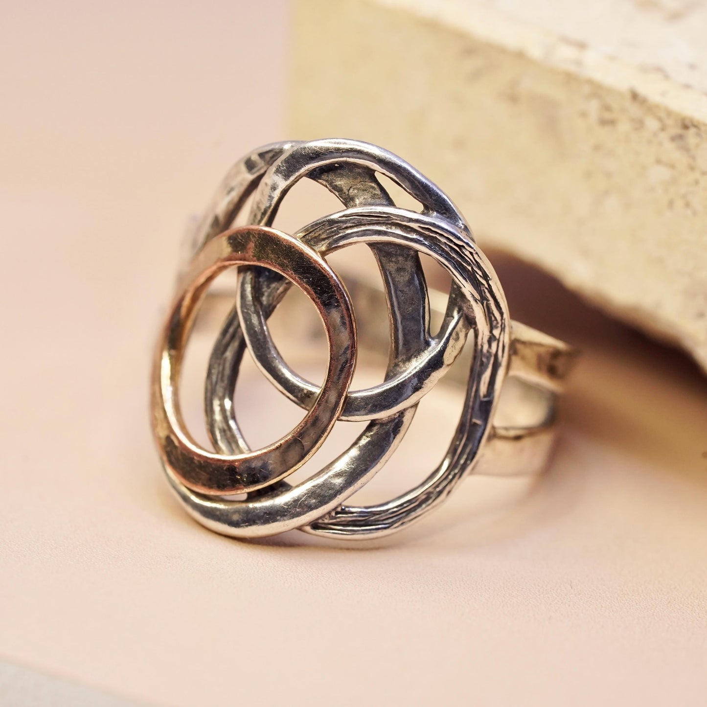 Size 9.25, vintage Israel PZ two tone Sterling silver handmade entwined ring