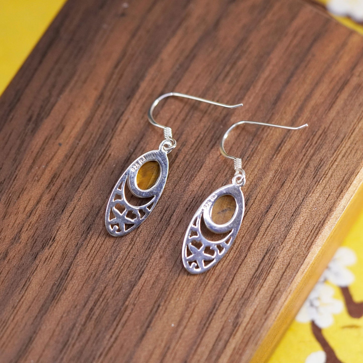 Vintage Sterling 925 silver handmade earrings with golden cat’s eye drops