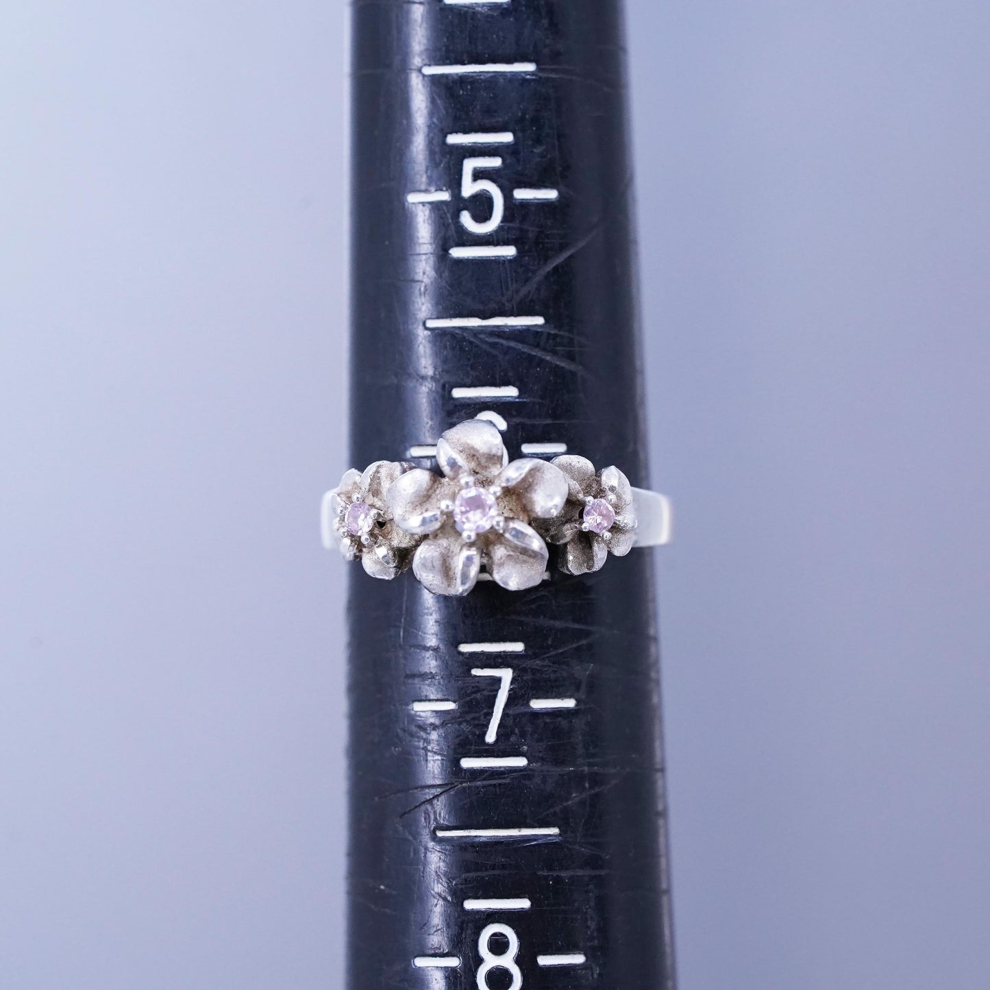 Size 6, vintage Sterling 925 silver handmade ring, plumeria flower band pink cz