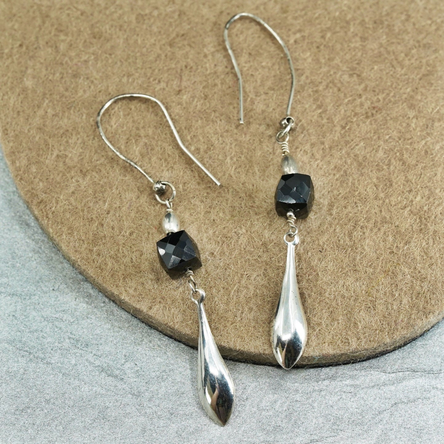 Vintage Sterling 925 silver handmade rectangular earrings with obsidian