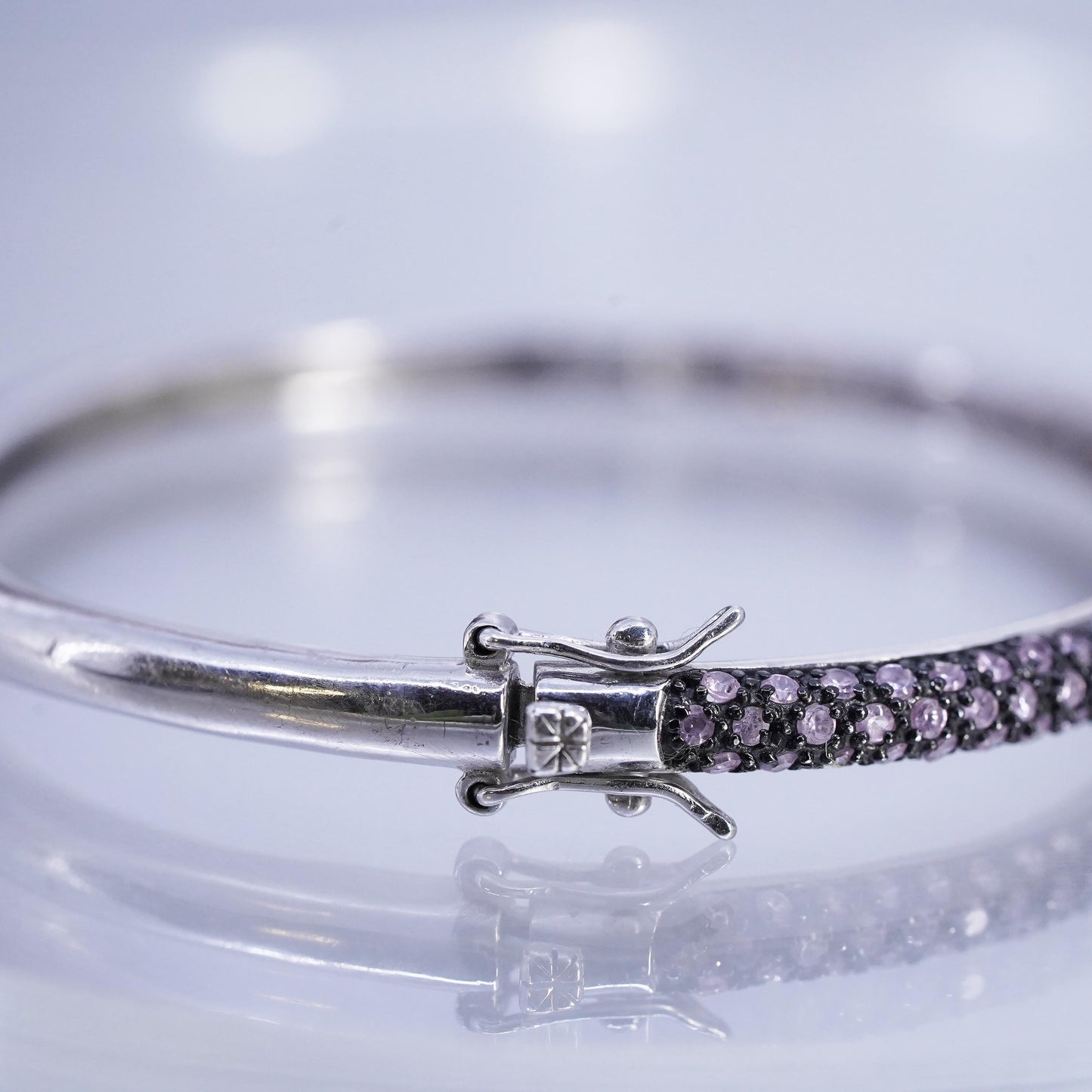 6.75", Vintage Sterling 925 silver bracelet, hinged bangle with cluster pink cz