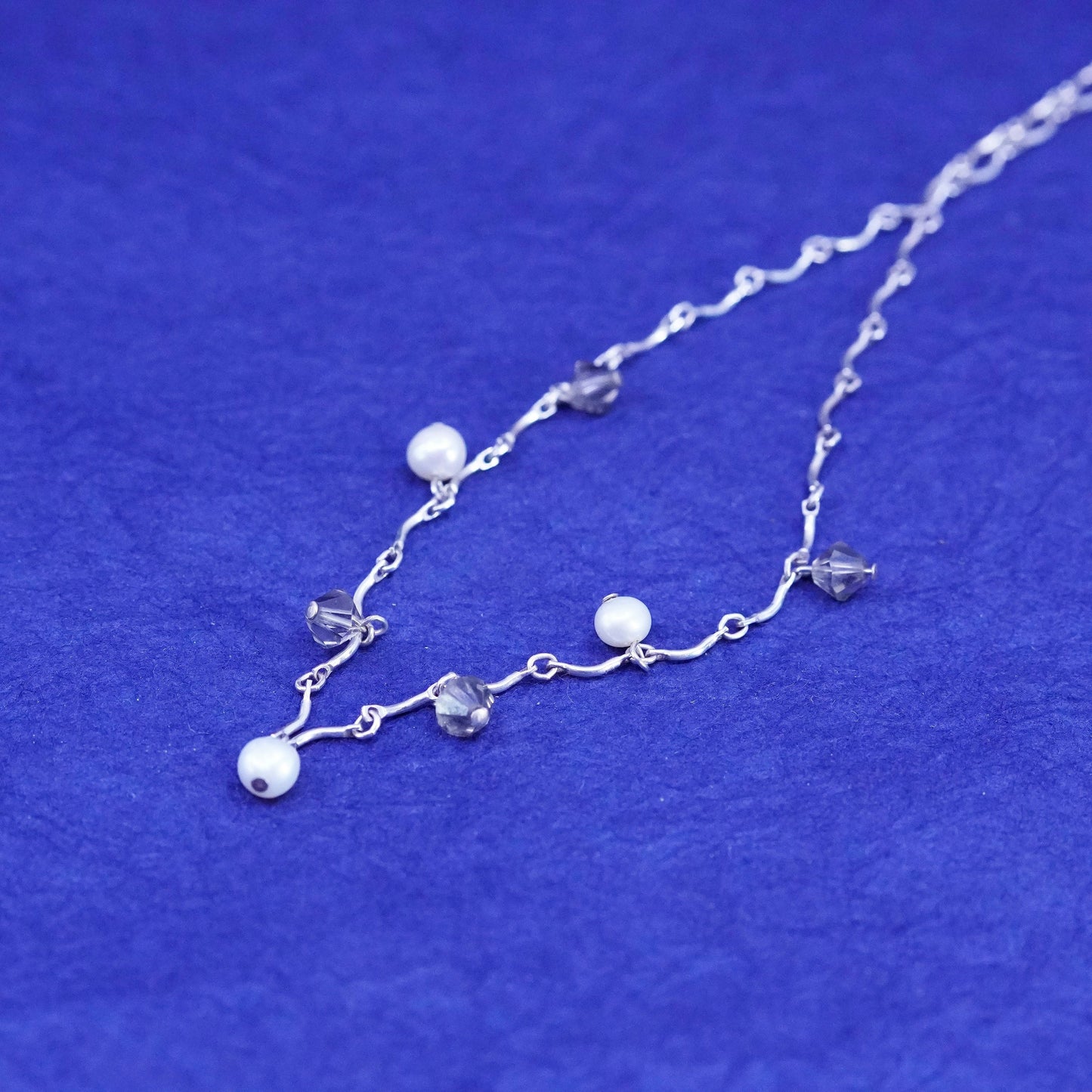 18”, vintage Sterling silver necklace, 925 DNA bone chain w/ pearl and crystal
