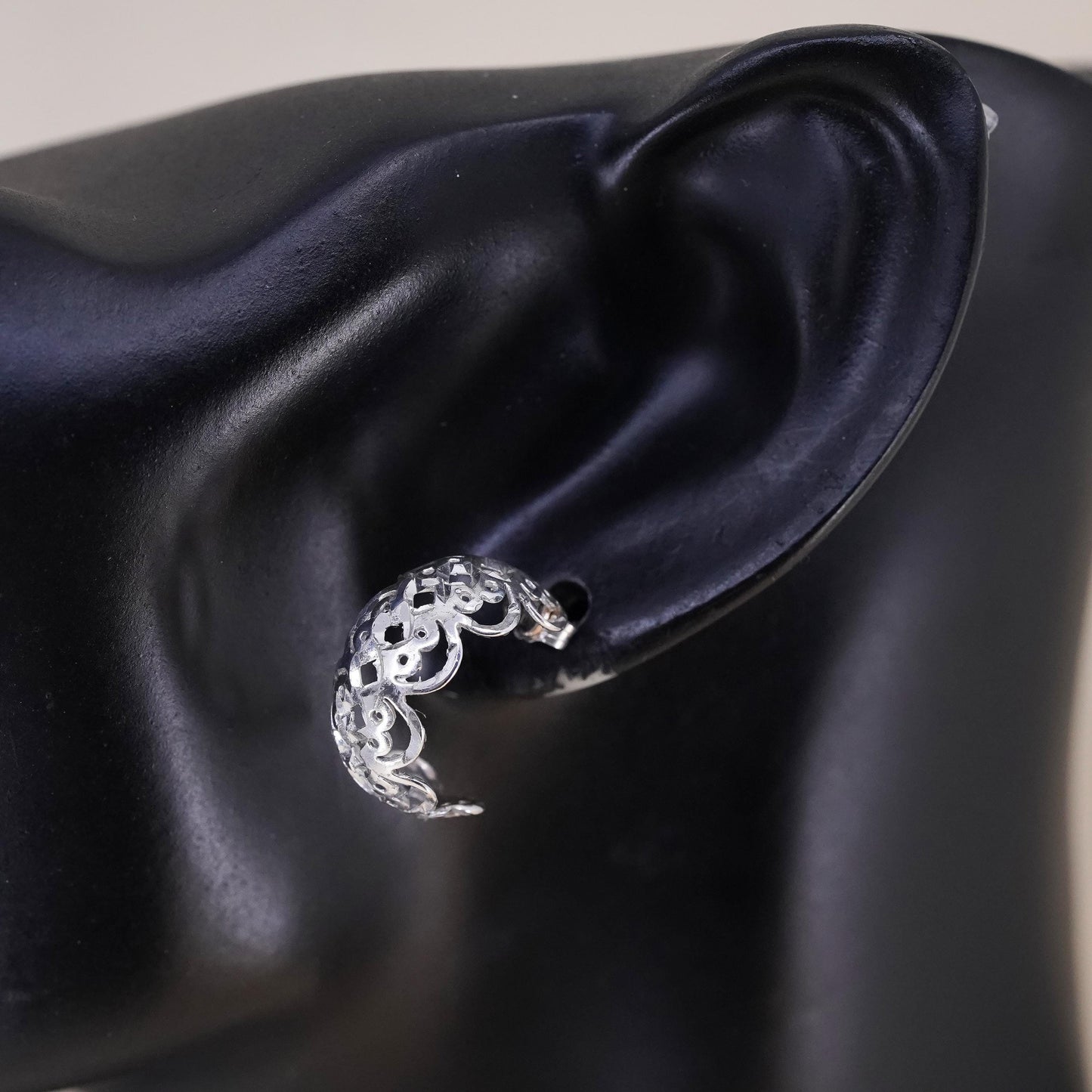 0.75", Vintage sterling 925 silver studs, filigree 925 huggie earrings