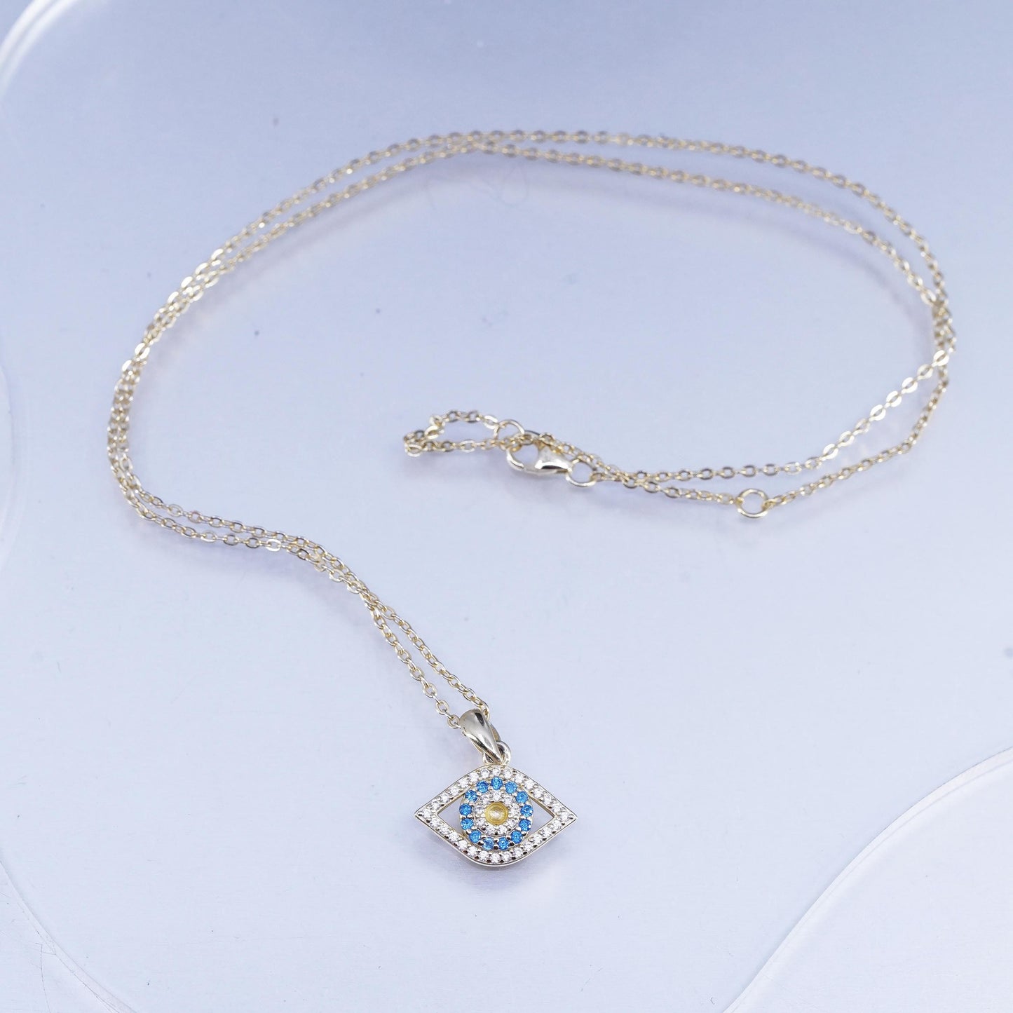 16+2", vermeil gold Sterling 925 silver circle necklace cz evil eye pendant