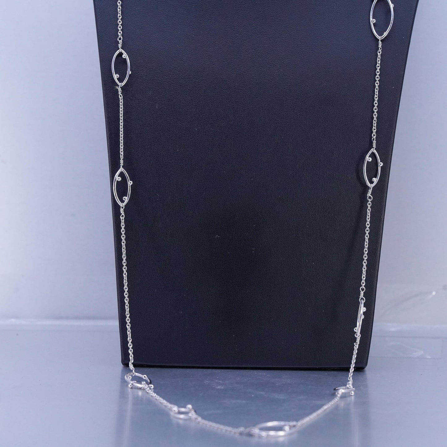 36+2", vintage Sterling 925 silver extra long circle necklace marquise beaded