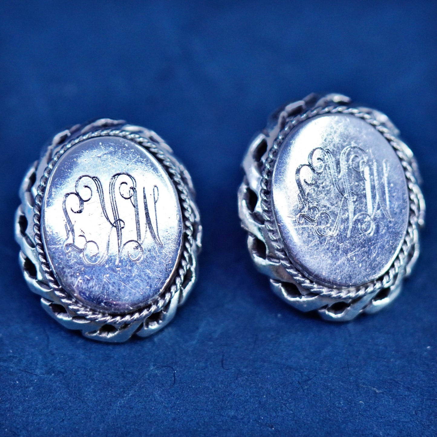 Mexican Parody 925 Large Clip On Sterling silver oval earrings monogram “MKF”