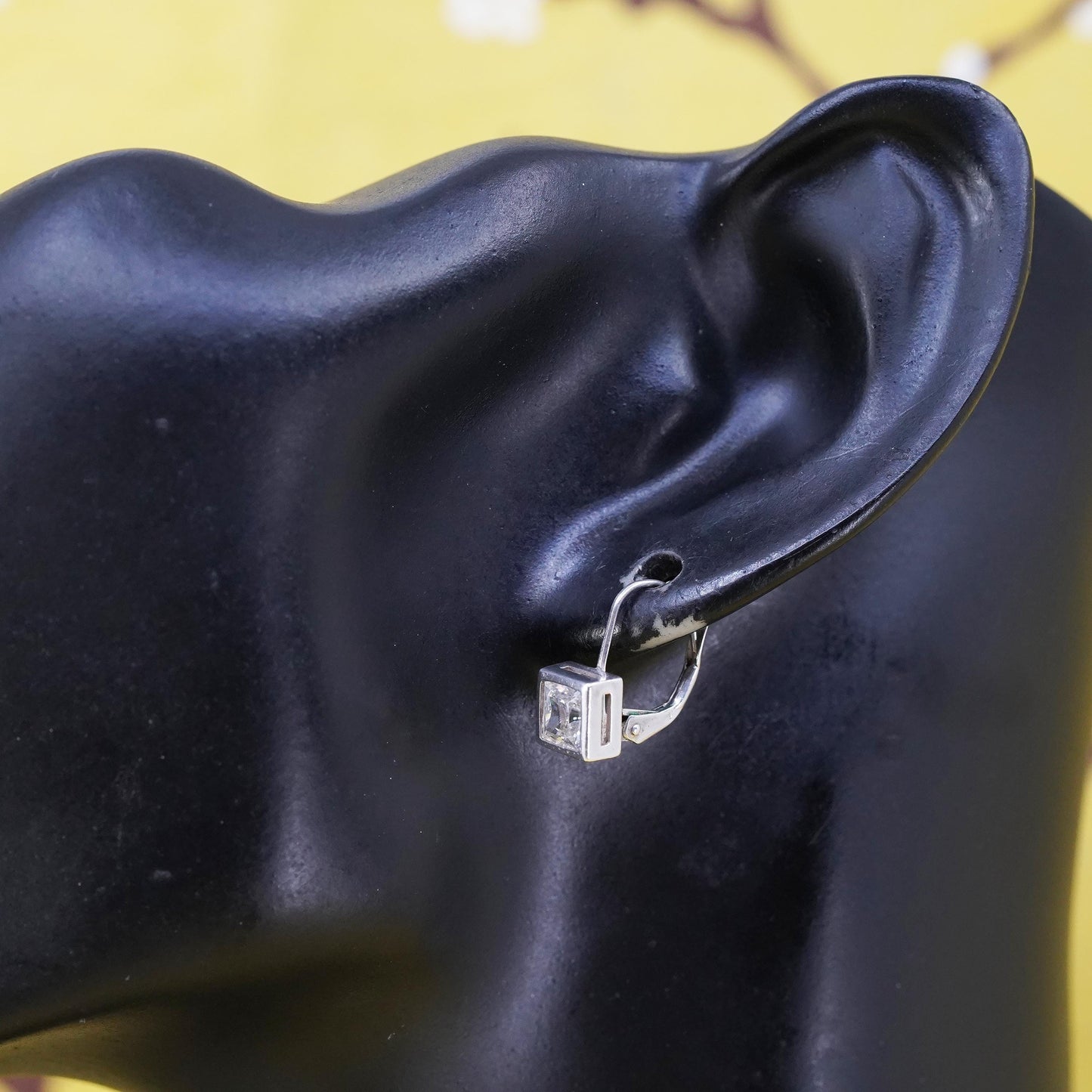 Vintage Sterling 925 silver handmade earrings with square CZ