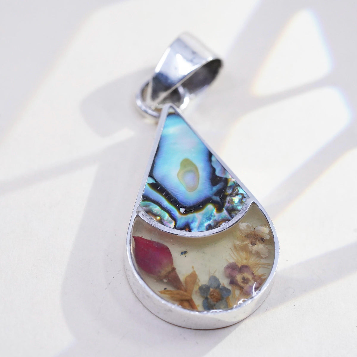 VTG sterling silver handmade pendant, Mexican 925 teardrop abalone floral resin