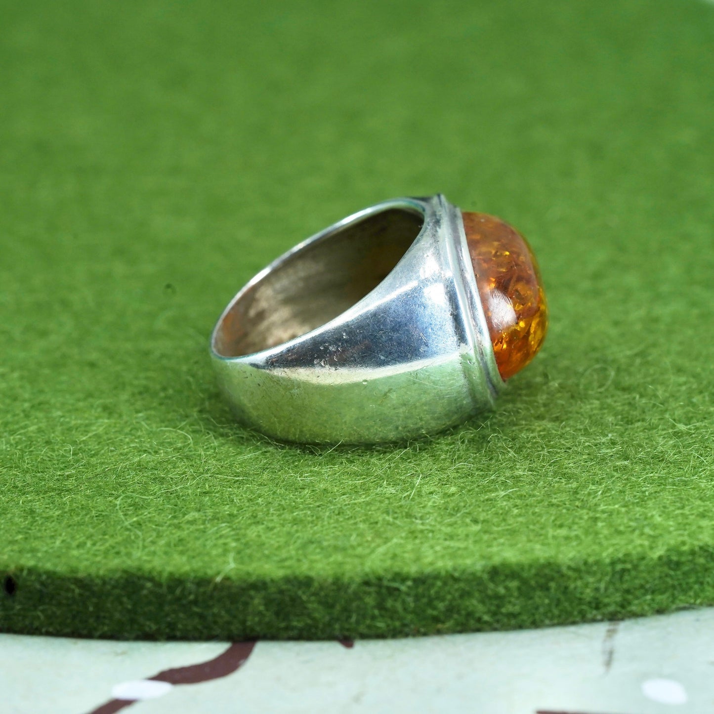 Size 7.75, Vintage sterling silver 925 handmade ring with oval Amber