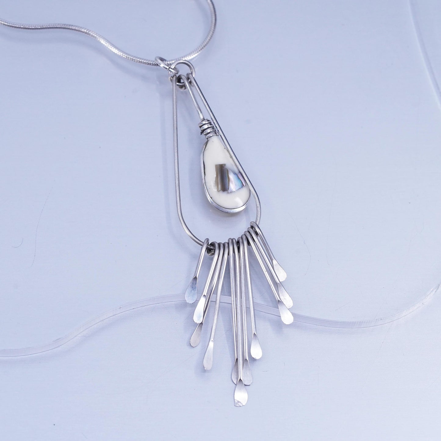 18”, VTG Sterling 925 silver handmade snake necklace fringe teardrop pendant