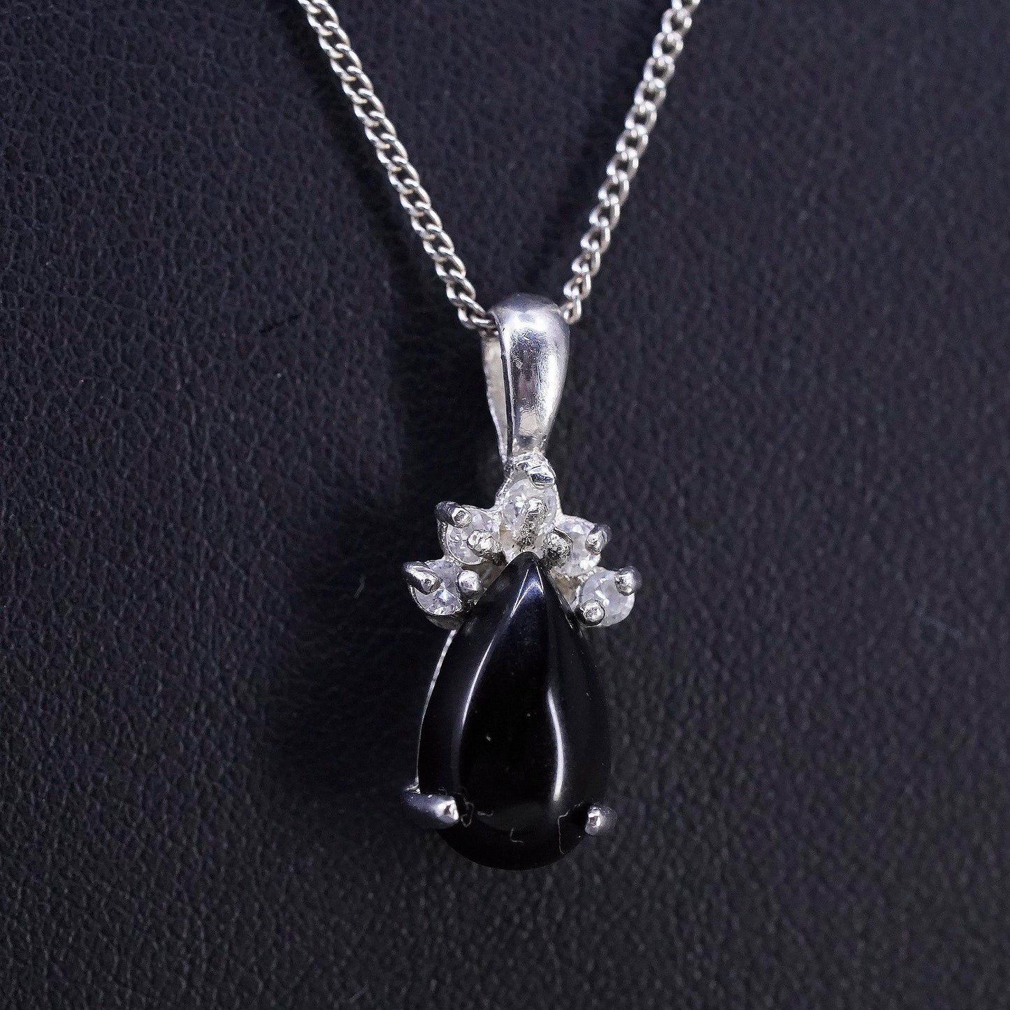 18", vintage sterling silver 925 necklace, teardrop onyx pendant curb chain