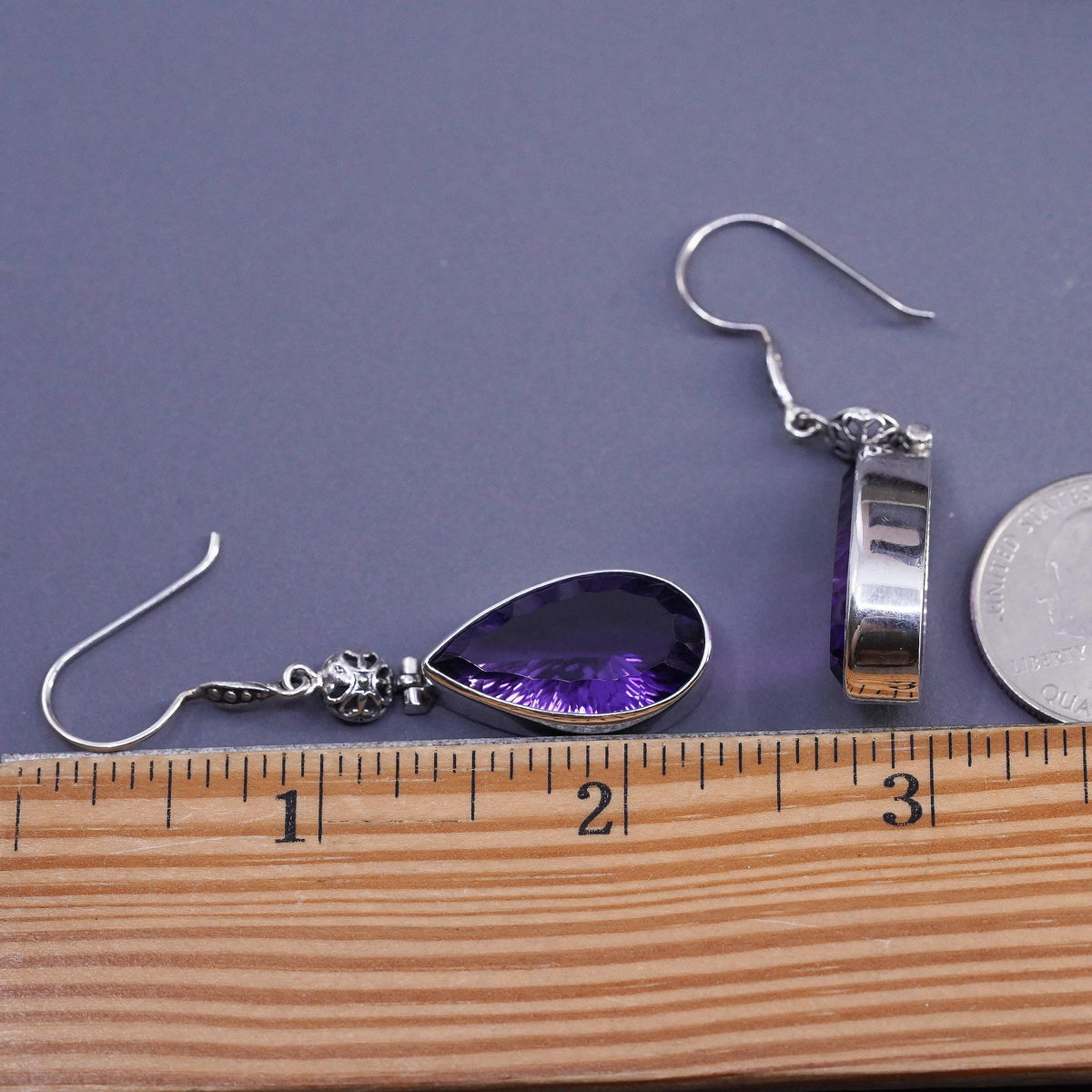 Vintage sterling 925 silver handmade teardrop earrings with amethyst