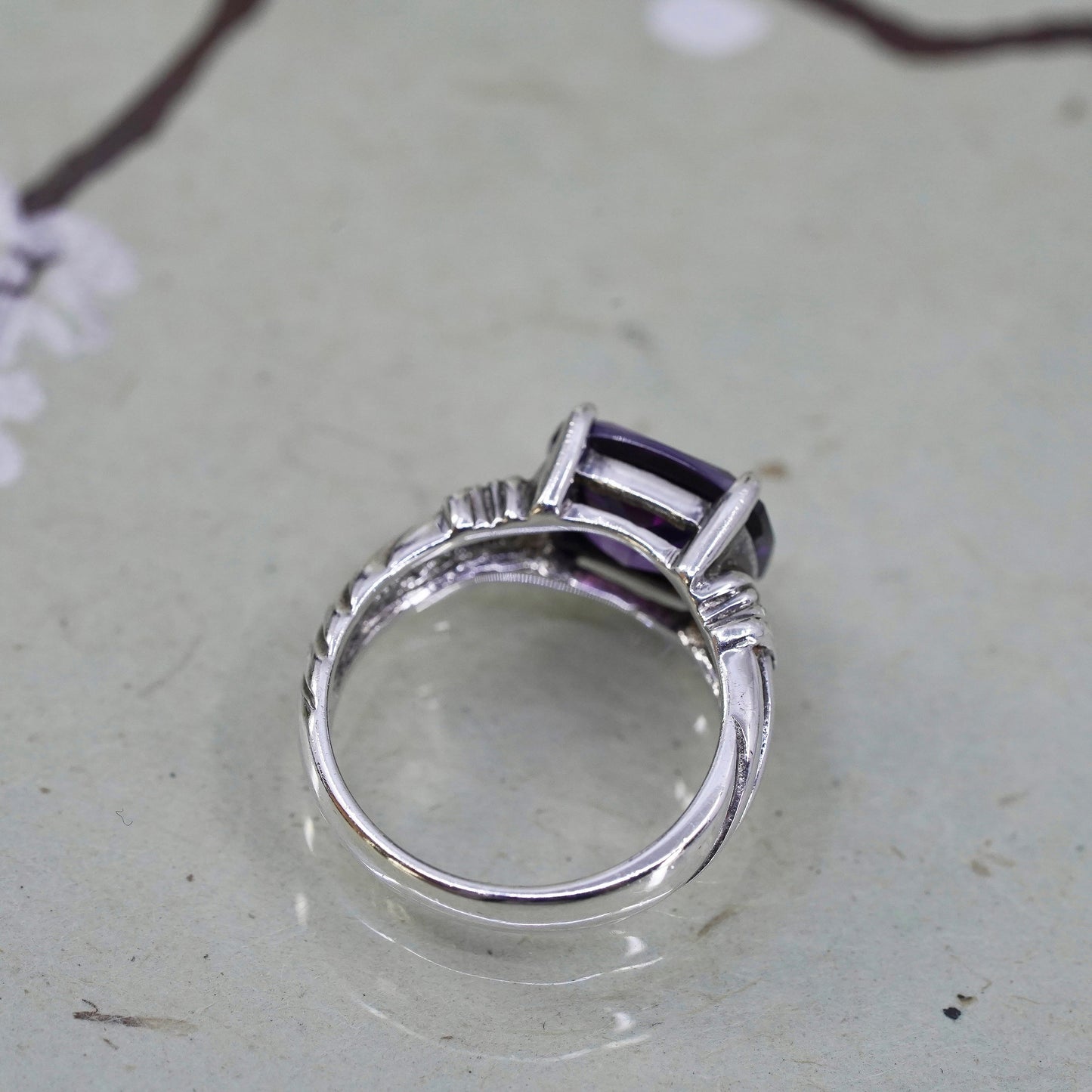 Size 5, vintage Sterling silver handmade ring, 925 with amethyst and Cz around