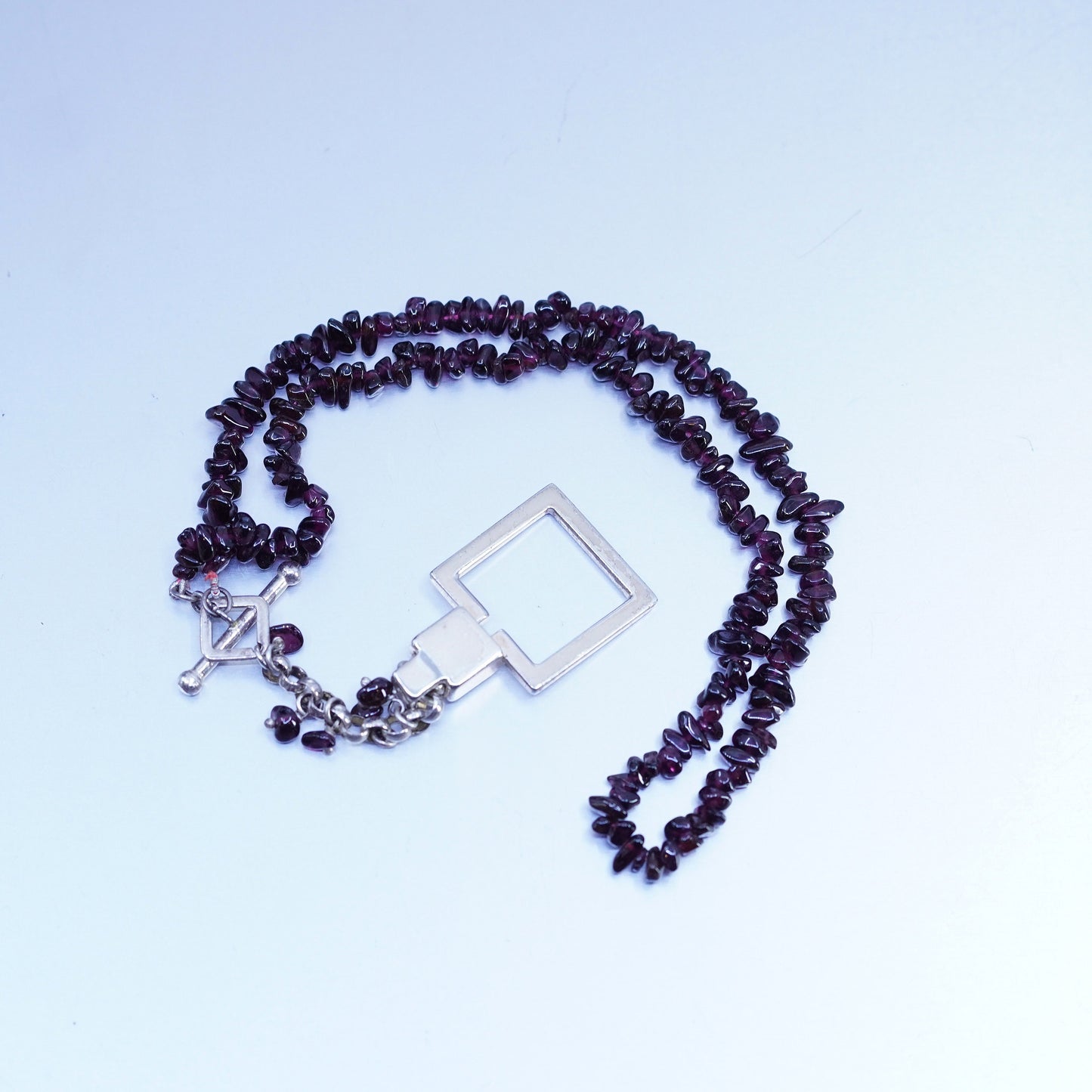 16”, native American Sterling 925 silver garnet beads necklace square pendant