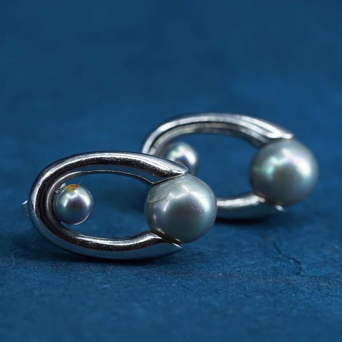 Vintage sterling silver handmade earrings, 925 oval studs with gray pearl