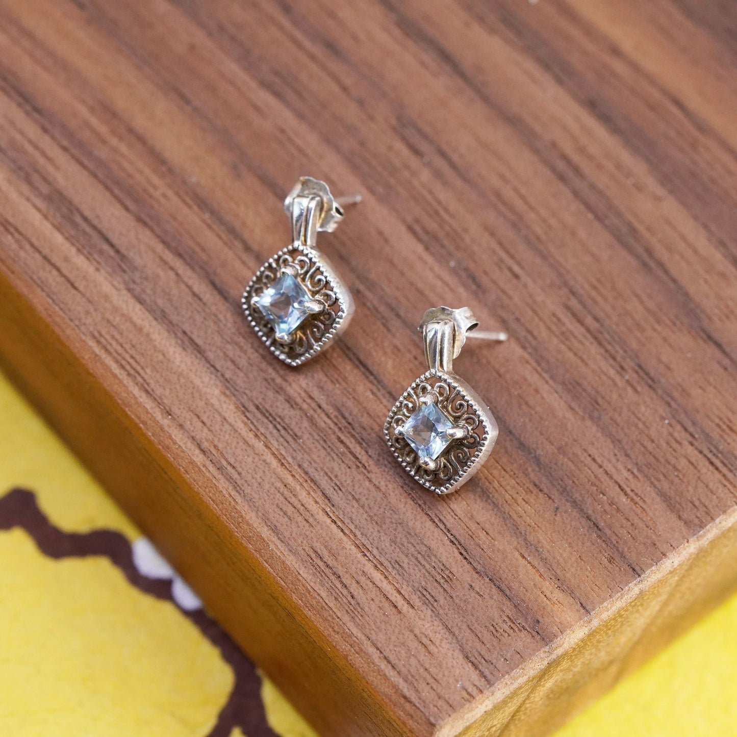 vintage Sterling silver handmade earrings, 925 filigree studs with blue crystal