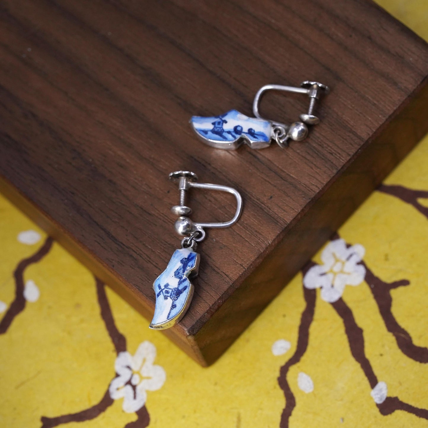 sterling silver handmade earrings, 925 Dutch wooden enamel shoes, symbol