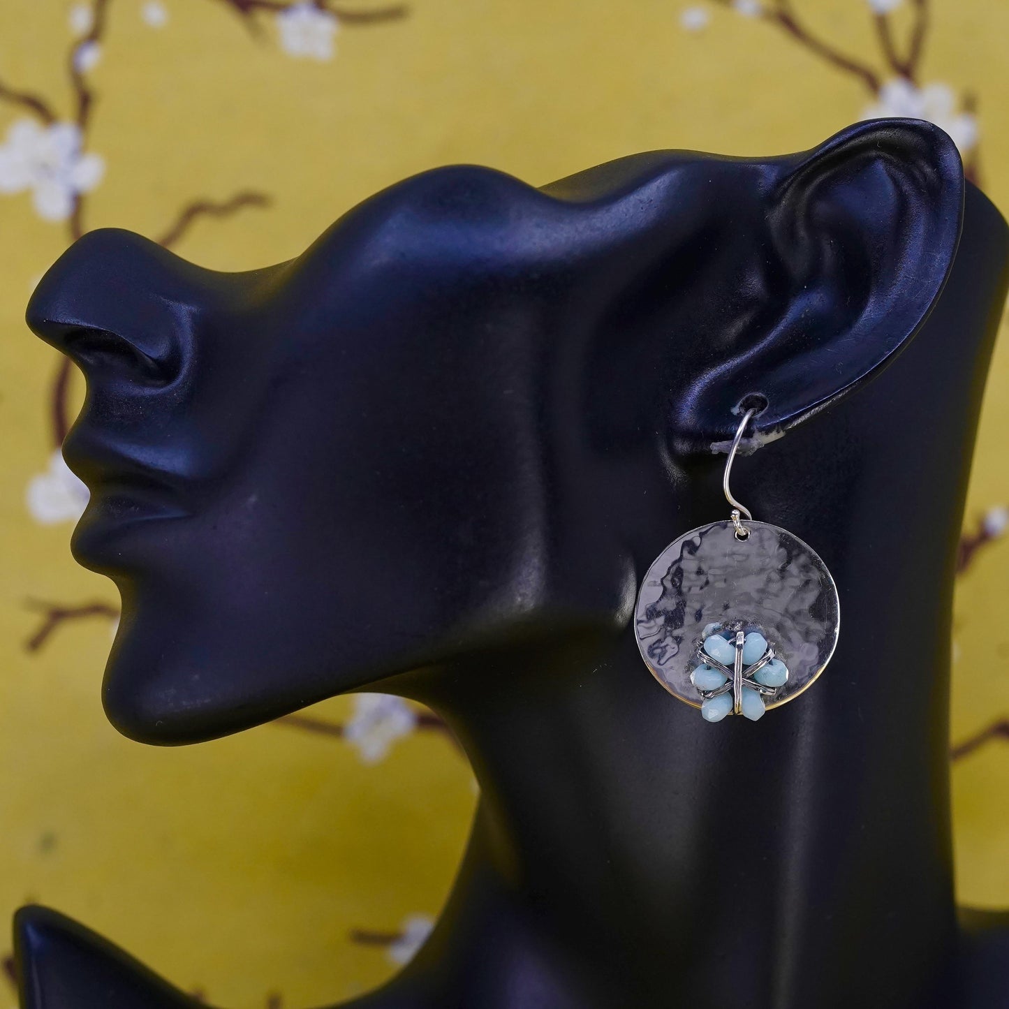 Vintage southwestern Sterling 925 silver hammered disc earrings larimar flower