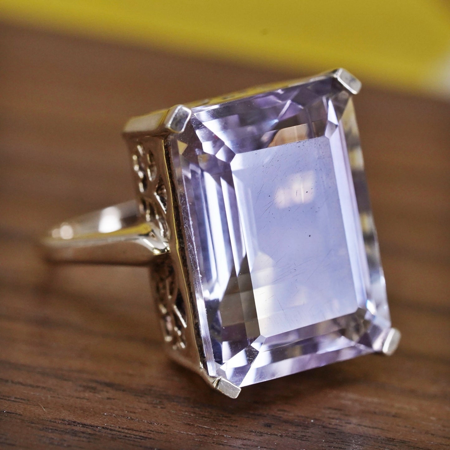 Size 6, Sterling silver cocktail ring, rose gold over 925 with amethyst crystal
