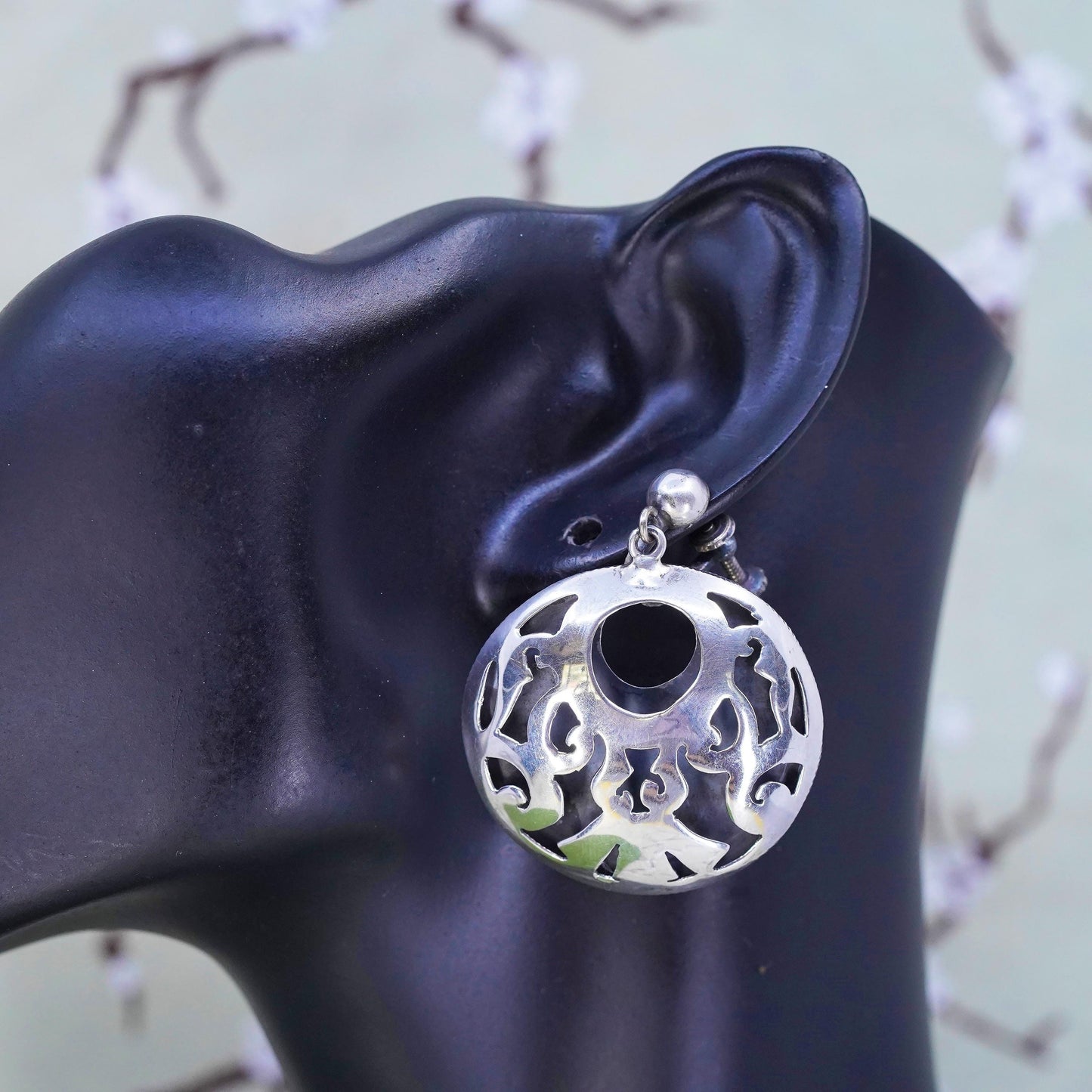 VTG Mexican hecho en Sterling silver earrings, Mexico 925 cutted circle dangles