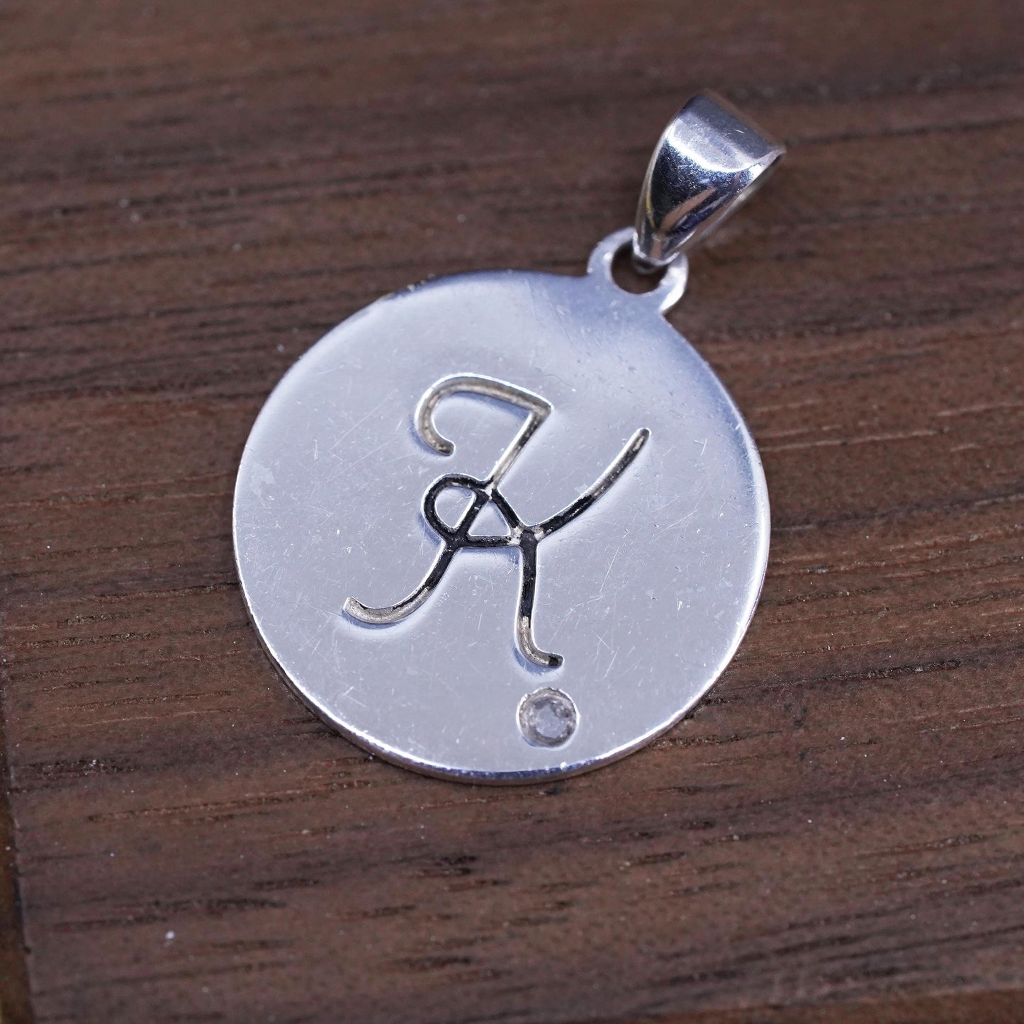 Vintage Sterling silver initial pendant, 925 circle with letter K