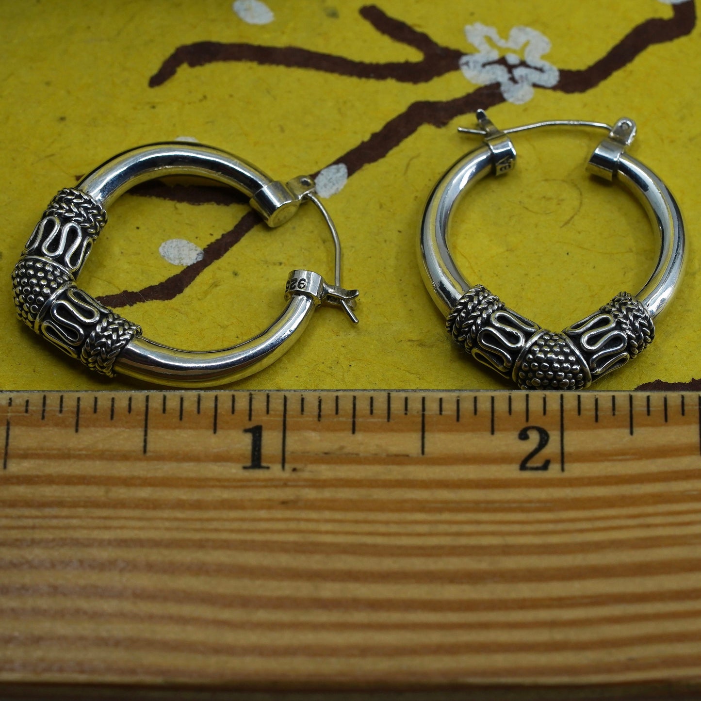 1.25”, Vintage BA Suarti Sterling silver handmade earrings, 925 textured hoops