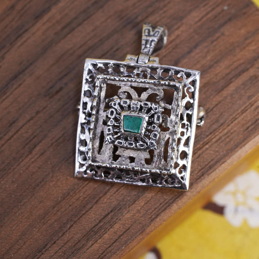 Taxco Mexico 925 Sterling Silver Green Stone Pendant Brooch Aztec Mayan Jewelry