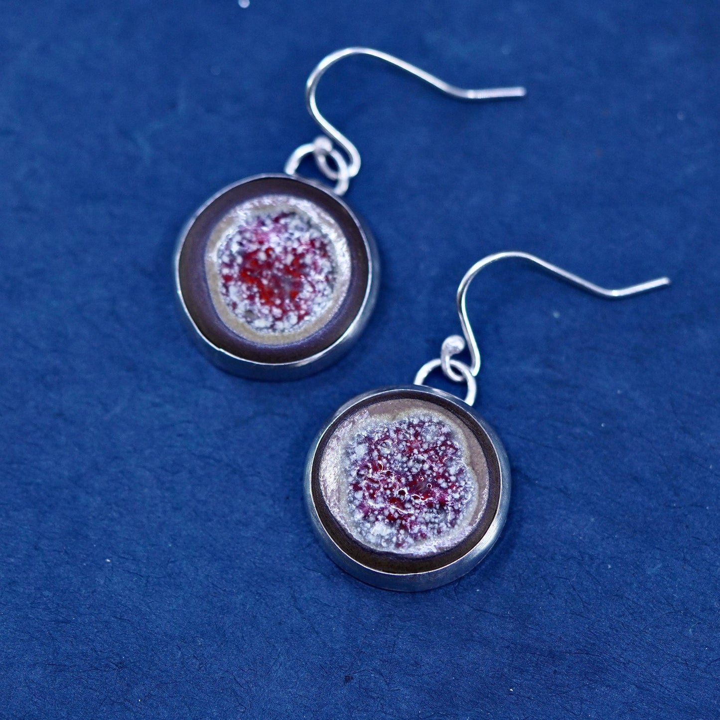 Vintage sterling 925 silver handmade earrings with round artisan stone