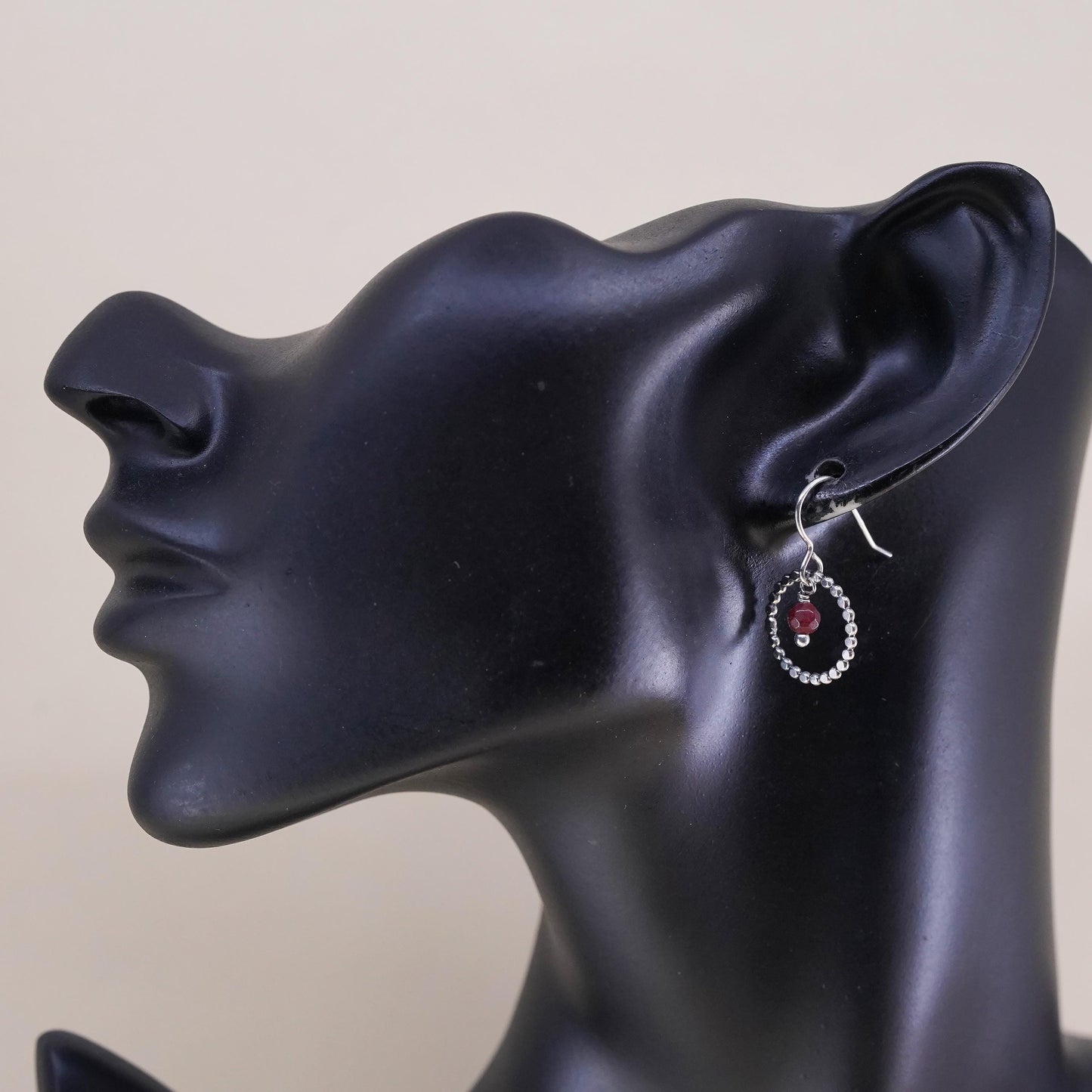 Vintage Sterling silver handmade earrings, 925 circle with Indian ruby
