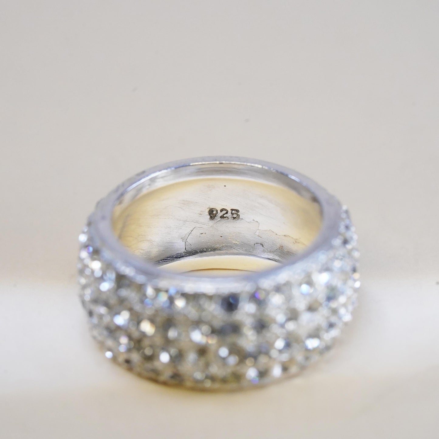 Size 6.5, vintage sterling 925 silver ring with cluster CZ, statement wide band