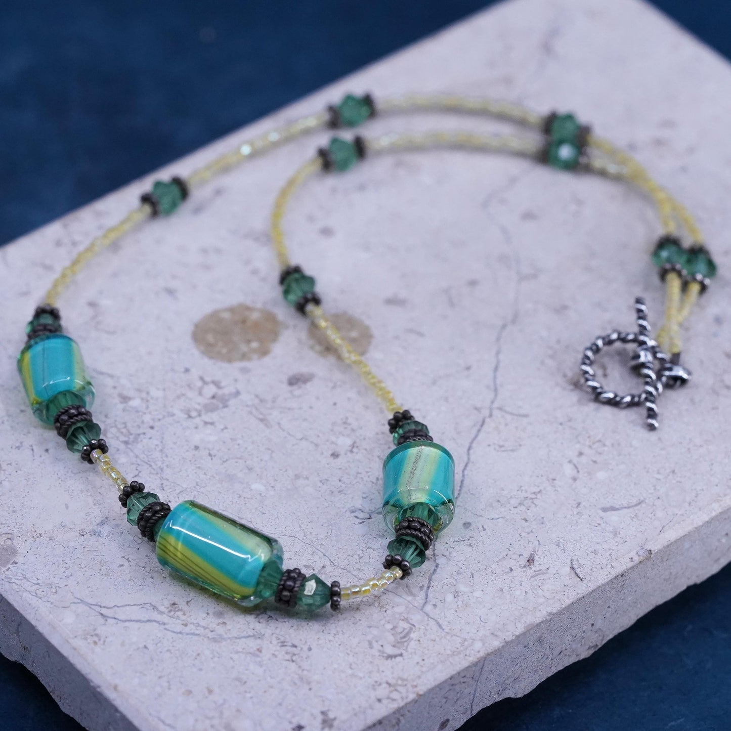 16”, Sterling silver necklace, 925 toggle clasp green flower Murano glass beads